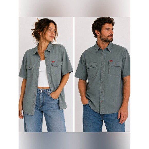 Wrangler Other - Wrangler Utility Button Front Work Shirt Gray Sage L Cotton Blend Short Sleeve